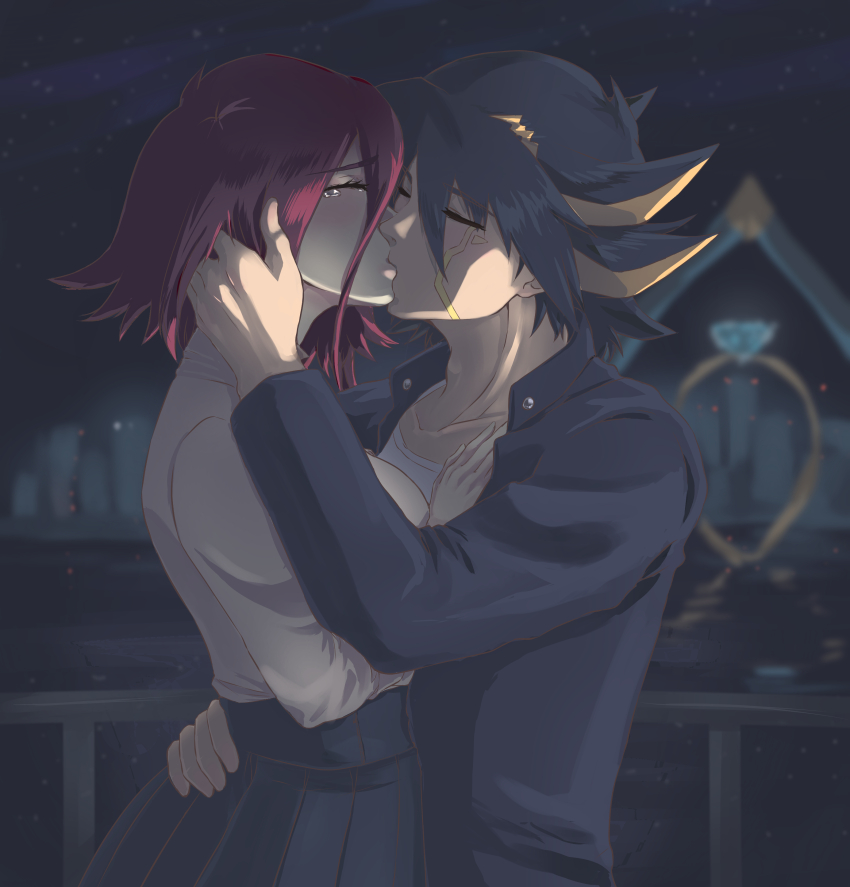 1boy 1girl absurdres asymmetrical_hair black_hair black_jacket black_skirt cityscape closed_eyes commentary couple english_commentary facial_tattoo fudo_yusei hand_on_another&#039;s_head hetero highres izayoi_aki jacket kiss multicolored_hair night night_sky parodygirl-samy red_hair shirt short_hair skirt sky tattoo tears two-tone_hair white_shirt yu-gi-oh! yu-gi-oh!_5d&#039;s