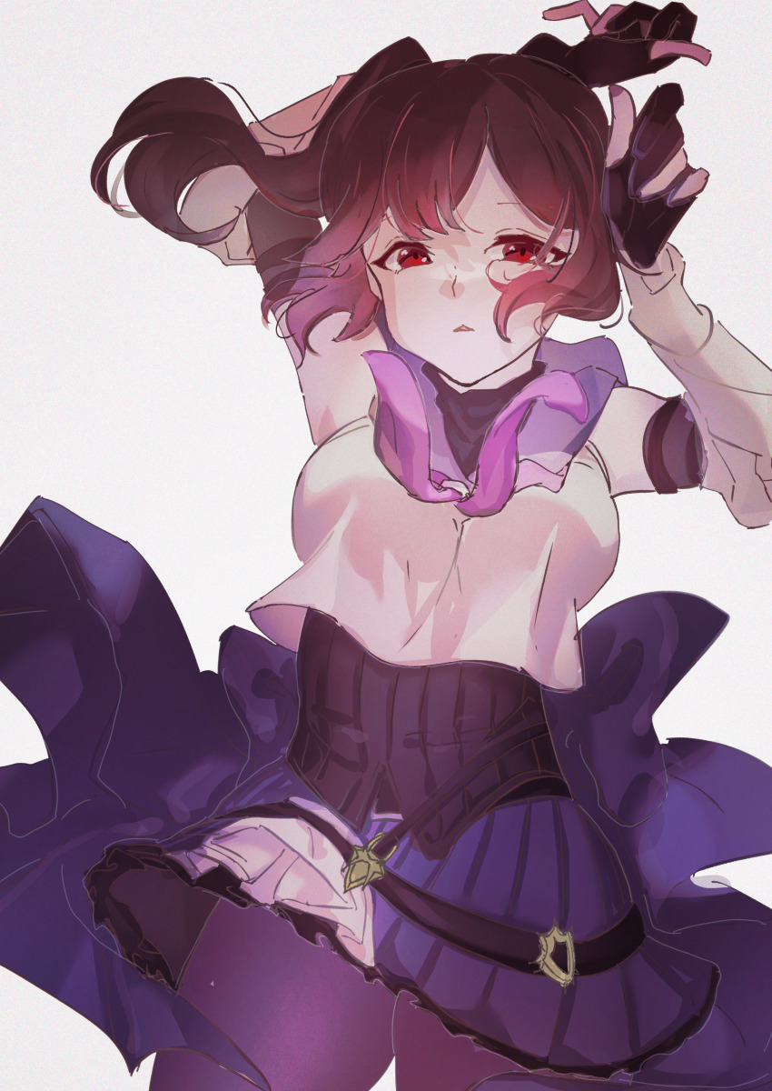 1girl absurdres arm_behind_head arms_up assault_lily bare_shoulders black_gloves black_hair black_pantyhose black_shirt blue_sailor_collar blue_skirt breasts commentary_request cowboy_shot crop_top detached_sleeves floating_hair frilled_skirt frills gloves grey_background highres jiropi layered_sleeves long_sleeves looking_at_viewer medium_breasts medium_hair miniskirt nagasawa_yuki_(assault_lily) neckerchief odaiba_girls_high_school_uniform pantyhose parted_lips partially_fingerless_gloves pleated_skirt ponytail purple_neckerchief red_eyes ribbed_shirt sailor_collar school_uniform serafuku shirt simple_background skirt sleeveless sleeveless_shirt solo standing undershirt waist_cape white_shirt