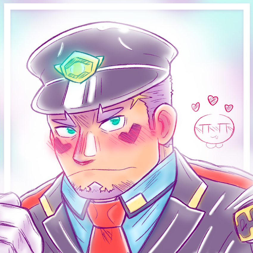 1boy artist_self-insert bara blush dark-skinned_male dark_skin dcmasterivan facial_hair gloves goatee green_eyes hat heart highres kepi live_a_hero male_focus mature_male military_hat necktie pale_color portrait shaft_(live_a_hero) short_hair sideburns sideburns_stubble solo_focus stubble thick_eyebrows two-tone_beard