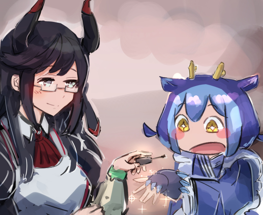 2girls apron awestruck black_dress black_hair blue_hair dragon_girl dragon_horns dress duel_monster glasses green_eyes hatano_kiyoshi horns house_dragonmaid laundry_dragonmaid looking_at_another maid multiple_girls nail_polish_brush open_mouth shiny_eyes smile wa_maid yellow_eyes yu-gi-oh!