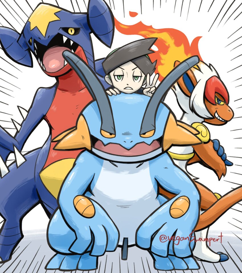 1boy 3others :&lt; artist_name blue_skin colored_skin emphasis_lines full_body garchomp gen_3_pokemon gen_4_pokemon green_eyes highres infernape looking_at_viewer multiple_others nintendo no_humans open_mouth pokemon pokemon_(creature) pokemon_dppt pokemon_platinum sharp_teeth smile swampert teeth thorton_(pokemon) v veganswampert white_background