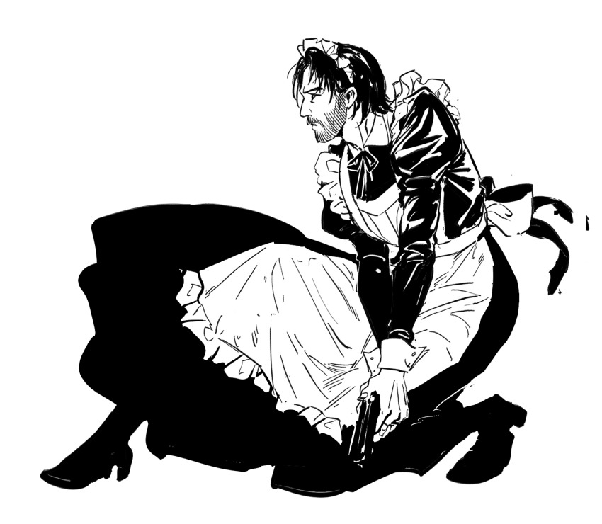 1boy 6cheetah apron back_bow beard black_boots boots bow collared_dress crossdressing dress facial_hair frilled_dress frilled_sleeves frills gun high_heel_boots high_heels highres holding holding_gun holding_weapon john_wick john_wick_(character) juliet_sleeves kneeling long_sleeves looking_ahead maid maid_apron maid_headdress male_focus monochrome neck_ribbon profile puffy_sleeves ribbon simple_background solo weapon white_background white_wrist_cuffs wing_collar wrist_cuffs
