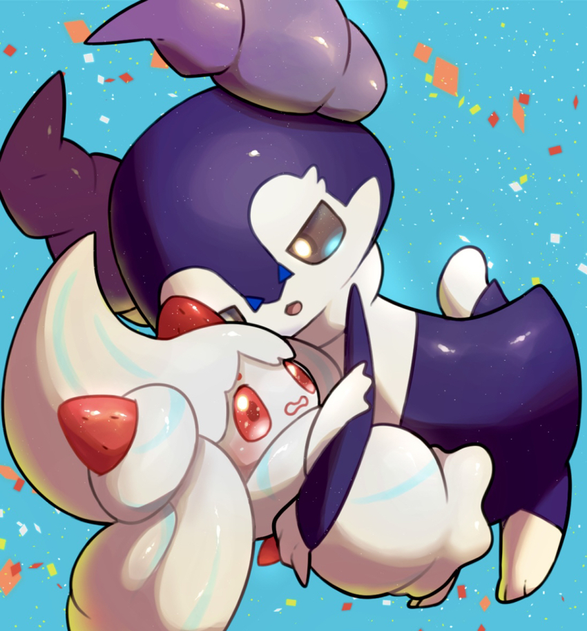 1boy 1girl alcremie alcremie_(strawberry_sweet) blue_background blush brown_eyes commentary_request food fruit gen_8_pokemon highres hug indeedee indeedee_(male) looking_at_another nintendo nullma pokemon pokemon_(creature) red_eyes shiny_skin strawberry wavy_mouth