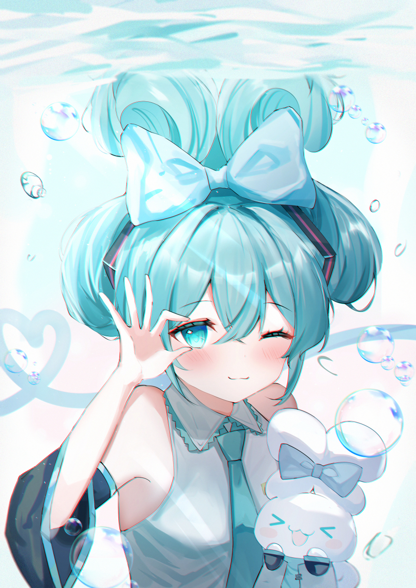 1girl absurdres aqua_bow aqua_eyes aqua_hair aqua_necktie bare_shoulders blue_bow blue_eyes blush bow bubble cinnamiku cinnamon_roll cinnamoroll collared_shirt creature detached_sleeves ear_bow fuwa_fuwa_cinnamoroll grey_shirt hair_between_eyes hair_bow hatsune_miku highres holding holding_creature looking_at_viewer necktie one_eye_closed sanrio shirt simple_background sleeveless sleeveless_shirt smile solo tied_ears underwear updo upper_body usagi_(786113654) vocaloid