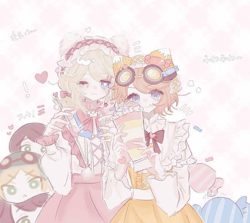 ! 2girls :3 :q ;3 animal_ears blonde_hair blue_eyes blush bow bright_pupils brown_bow brown_hair candy cat_ears center_frills character_doll cherry closed_mouth cross-laced_clothes cross-laced_dress doll dress emma_woods emma_woods_(hello_kitty_dream) eyes_visible_through_hair facial_mark fake_animal_ears food food_on_face frilled_dress frilled_hairband frilled_sleeves frills fruit goggles goggles_on_head hair_bow hair_ornament hairband hairclip heart hello_kitty hello_kitty_(character) highres holding holding_food holding_ice_cream holding_spoon ice_cream identity_v kakki0211 long_hair long_sleeves looking_at_viewer multiple_girls one_eye_closed orange_dress orange_hairband parfait pink_bow pink_hairband pink_skirt puffy_sleeves sanrio shirt short_hair simple_background skirt smile spoon sprinkles star_(symbol) stuffed_toy swept_bangs tongue tongue_out tracy_reznik tracy_reznik_(candy_girl) white_background white_pupils white_shirt