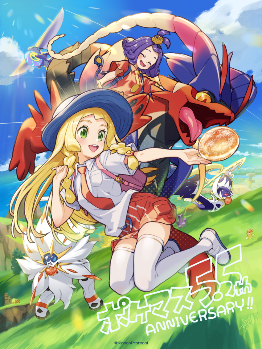 acerola_(pokemon) alternate_costume blonde_hair cosplay gen_7_pokemon green_eyes highres juliana_(pokemon) juliana_(pokemon)_(cosplay) kinocopro koraidon legendary_pokemon lillie_(pokemon) lunala miraidon nintendo pokemon pokemon_masters_ex pokemon_sm pokemon_sv solgaleo