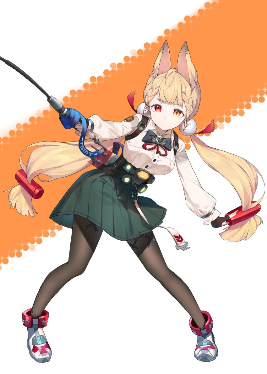 1girl absurdres alice_thymefield animal_ears beads black_bow black_bowtie black_gloves blonde_hair boots border bow bowtie braid breasts brown_pantyhose buttons closed_mouth collared_shirt fingerless_gloves full_body gloves green_skirt hair_beads hair_ornament highres holding holding_sword holding_weapon keiki8296 large_breasts long_hair long_sleeves looking_at_viewer low-tied_long_hair low_twintails neck_ribbon orange_border outside_border pantyhose pleated_skirt puffy_long_sleeves puffy_sleeves rapier red_eyes red_ribbon ribbon shirt simple_background skirt solo standing sword twintails weapon white_background white_boots white_shirt zenless_zone_zero