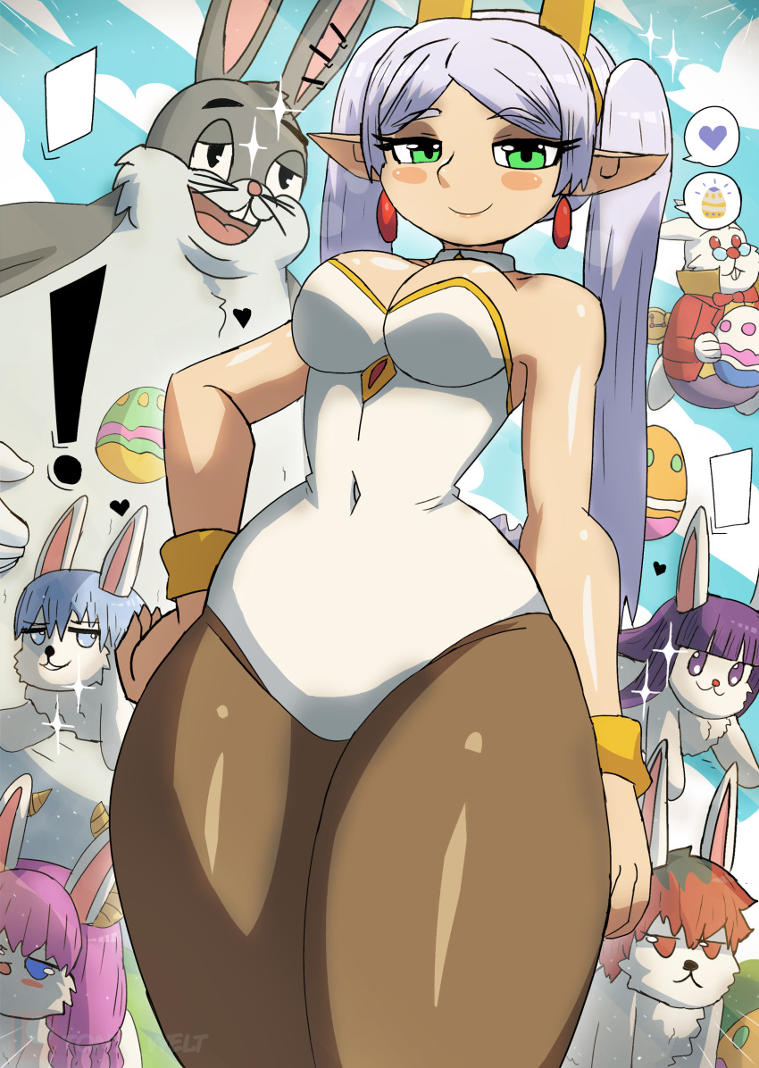 ! 3girls 4boys absurdres alice_in_wonderland animal animal_ears animalization aura_(sousou_no_frieren) big_chungus blue_eyes blue_hair blush bow bowtie bracelet breasts brown_pantyhose buck_teeth bugs_bunny cleavage cloud crossover detached_collar disney earrings easter easter_egg egg elf fake_animal_ears fake_tail fern_(sousou_no_frieren) frieren glasses green_eyes grey_fur heart highres himmel_(sousou_no_frieren) horns jacket jewelry large_breasts leotard light_rays long_hair looking_at_viewer looney_tunes meme multiple_boys multiple_girls pantyhose pink_hair pocket_watch pointy_ears purple_eyes purple_hair rabbit rabbit_ears rabbit_tail red_bow red_bowtie red_eyes red_hair red_jacket shirt short_hair sky smile sousou_no_frieren sparkle speech_bubble spoken_egg spoken_heart standing stark_(sousou_no_frieren) sunbeam sunlight tail teeth thick_thighs thighs tony_welt twintails watch white_fur white_hair white_leotard white_rabbit_(alice_in_wonderland) wide_hips yellow_shirt