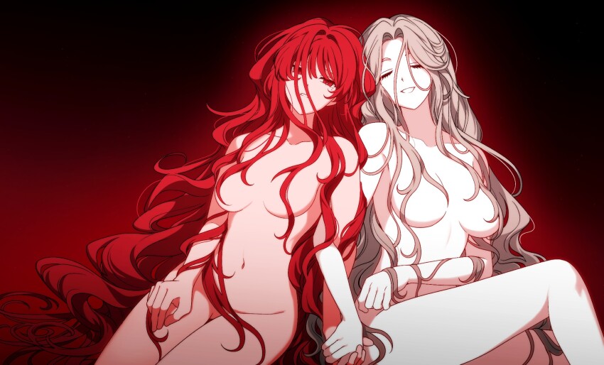 2girls bbunny brown_hair closed_eyes completely_nude convenient_censoring hair_between_eyes highres holding_hands long_hair multiple_girls nude open_mouth original red_background red_eyes red_hair simple_background smile very_long_hair yuri