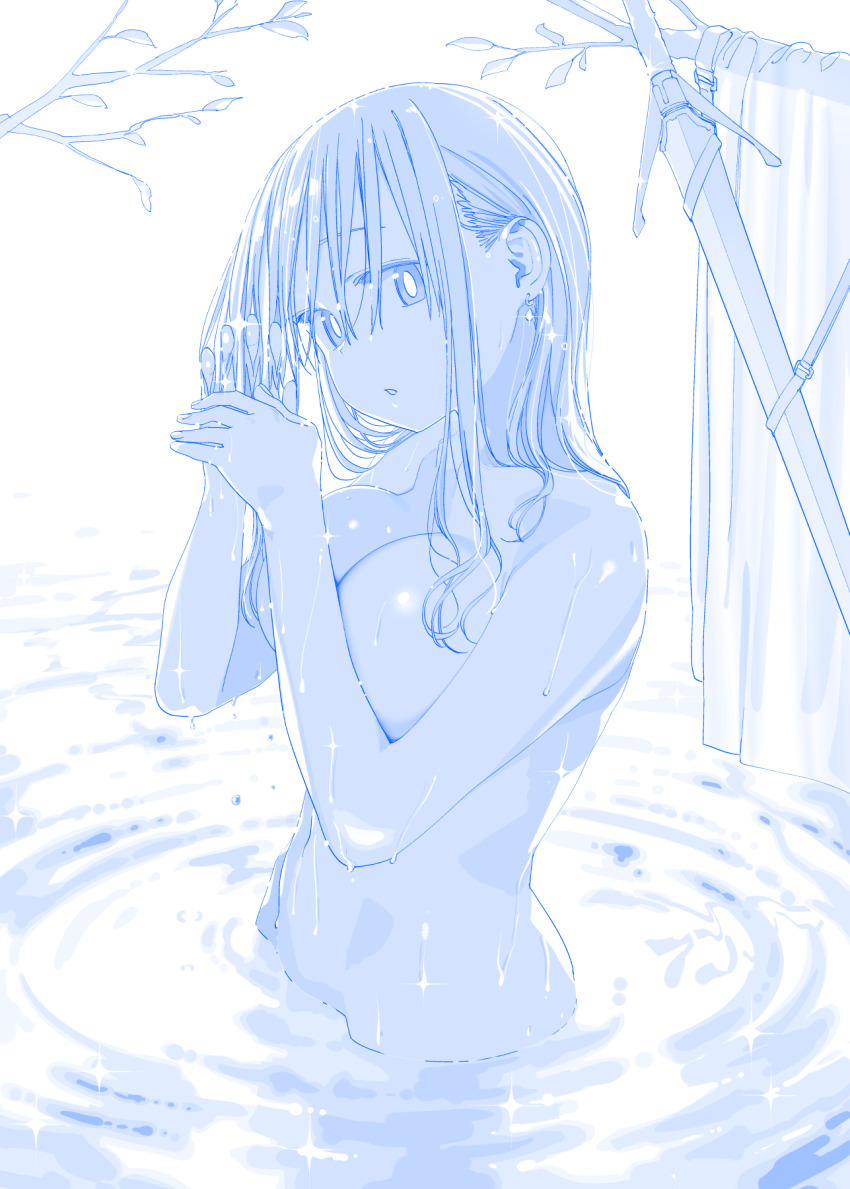 1girl bathing blue_theme branch breast_press breasts completely_nude getsuyoubi_no_tawawa highres himura_kiseki large_breasts long_bangs long_hair looking_at_viewer maegami-chan_(tawawa) monochrome navel nude outdoors parted_lips partially_submerged shiny_skin solo sword water water_drop weapon wet