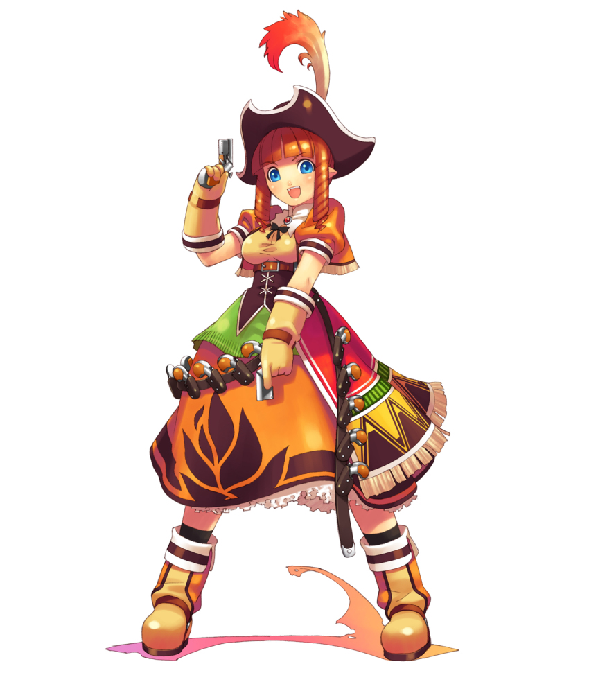 1girl blue_eyes break-action_pistol cocked_hammer corsair derringer double-barreled_pistol drill_hair dual_wielding elf female_focus gun handgun highres hirano_katsuyuki holding iglaine multiple-barrel_gun over-and-under-barreled_pistol pistol pocket_pistol pointy_ears red_hair solo spectral_(series) spectral_souls weapon white_background