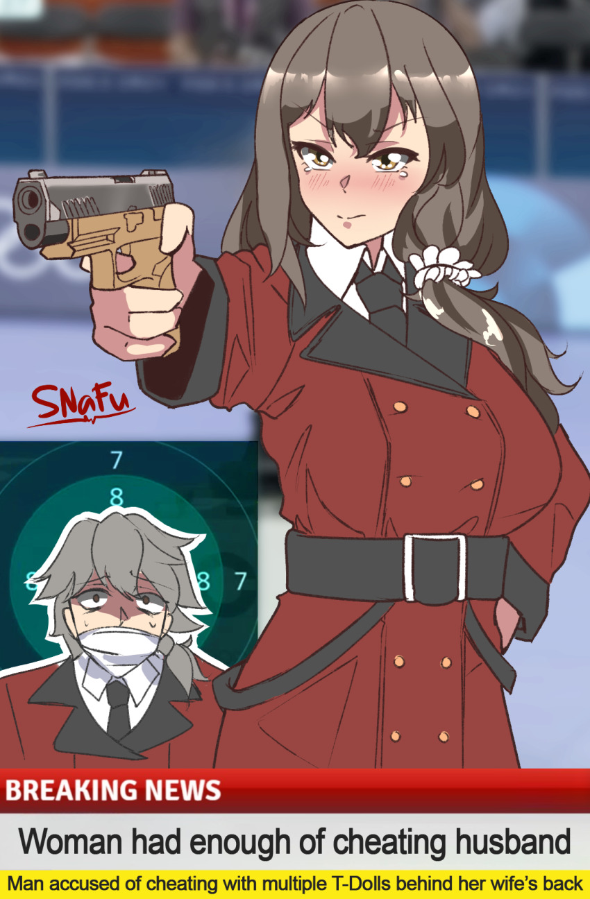 1boy 1girl aiming artist_name belt black_belt black_necktie blurry blurry_background blush breasts brown_hair coat collared_shirt commander_(girls&#039;_frontline) commentary cowboy_shot english_commentary english_text girls&#039;_frontline griffin_&amp;_kryuger_military_uniform gun hair_between_eyes hair_ornament hair_scrunchie hand_in_pocket helianthus_(girls&#039;_frontline) highres holding holding_gun holding_weapon long_hair meme necktie no_eyewear olympics parody red_coat scrunchie shirt short_hair snafu_(snafy_snu) sweat tearing_up upper_body weapon white_scrunchie white_shirt yusuf_dikec yusuf_dikec_(meme)