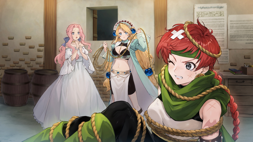 3girls atelier_(series) atelier_marie benitama black_shorts blonde_hair blue_eyes blush bound bow breasts cleavage clenched_teeth closed_mouth coat dress earrings facial_mark flea_schenk furrowed_brow green_coat green_headband green_scarf hair_bow hands_up headband highres holding holding_rope indoors jewelry loincloth long_hair long_sleeves looking_at_another low-tied_long_hair marlone medium_breasts multiple_girls natalie_kohdelia navel official_art one_eye_closed open_mouth pain paper pink_hair red_hair rope scarf shorts standing sweatdrop tearing_up teeth tied_up_(nonsexual) white_dress wide_sleeves window