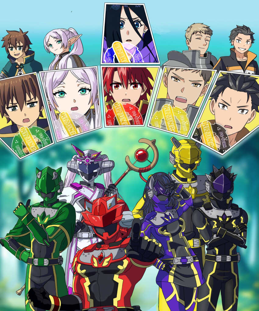 2girls 4boys asagaki_toogo capelet crossover dungeon_meshi elf frieren green_capelet group_picture helmet henshin_pose highres hirose_natsuko jacket kono_subarashii_sekai_ni_shukufuku_wo! laios_touden mage_staff multiple_boys multiple_crossover multiple_girls natsuki_subaru pointy_ears red_helmet satou_kazuma sentai_red_ga_isekai_de_boukensha_ni_naru sousou_no_frieren tokusatsu turles17 zenshuu