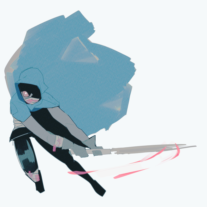 1girl absurdres attack bandaged_arm bandaged_leg bandages bandages_over_mouth black_gloves blue-smocked_shepherd blue_cape cape colored_sclera full_body gloves highres hood hooded_cape looking_at_viewer madotsuki_ren project_moon red_sclera simple_background slashing solo white_background wonderlab