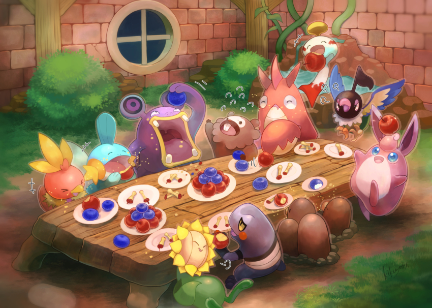 &gt;_&lt; annoyed apple apple_core arm_up artist_name belly berry berry_(pokemon) bidoof black_eyes blue_eyes blush blush_stickers breath buck_teeth bush chatot chimecho closed_eyes colored_sclera corphish croagunk diglett drooling dugtrio eating everyone floating flying flying_sweatdrops food food_on_face food_theft from_behind fruit gen_1_pokemon gen_2_pokemon gen_3_pokemon gen_4_pokemon grass half-closed_eyes hand_on_own_stomach hand_up happy holding indoors jumping kikuyoshi_(tracco) light_blush looking_up loudred lying motion_lines mudkip night nintendo no_humans object_on_head on_back open_mouth outline plant plate pokemon pokemon_(creature) pokemon_mystery_dungeon pokemon_mystery_dungeon:_explorers_of_time/darkness/sky puff_of_air signature smile sparkle squinting standing sunflora table teeth tongue torchic uvula vines water wigglytuff window yellow_sclera