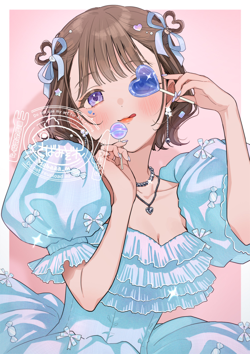 :q artist_name blue_dress blue_ribbon blush border breasts brown_hair candy cleavage copyright_notice dress english_text food frilled_dress frilled_sleeves frills hair_ribbon hair_rings hands_up heart heart-shaped_pupils heart-shaped_hair heart_necklace highres holding holding_candy holding_food holding_lollipop jewelry lips lollipop looking_at_viewer medium_hair nail_polish necklace original outside_border pearl_necklace pink_background puffy_short_sleeves puffy_sleeves purple_eyes purple_nails red_lips ribbon short_sleeves small_breasts sparkle symbol-shaped_pupils tongue tongue_out tsukana_(saba_mizore) upper_body white_border white_nails