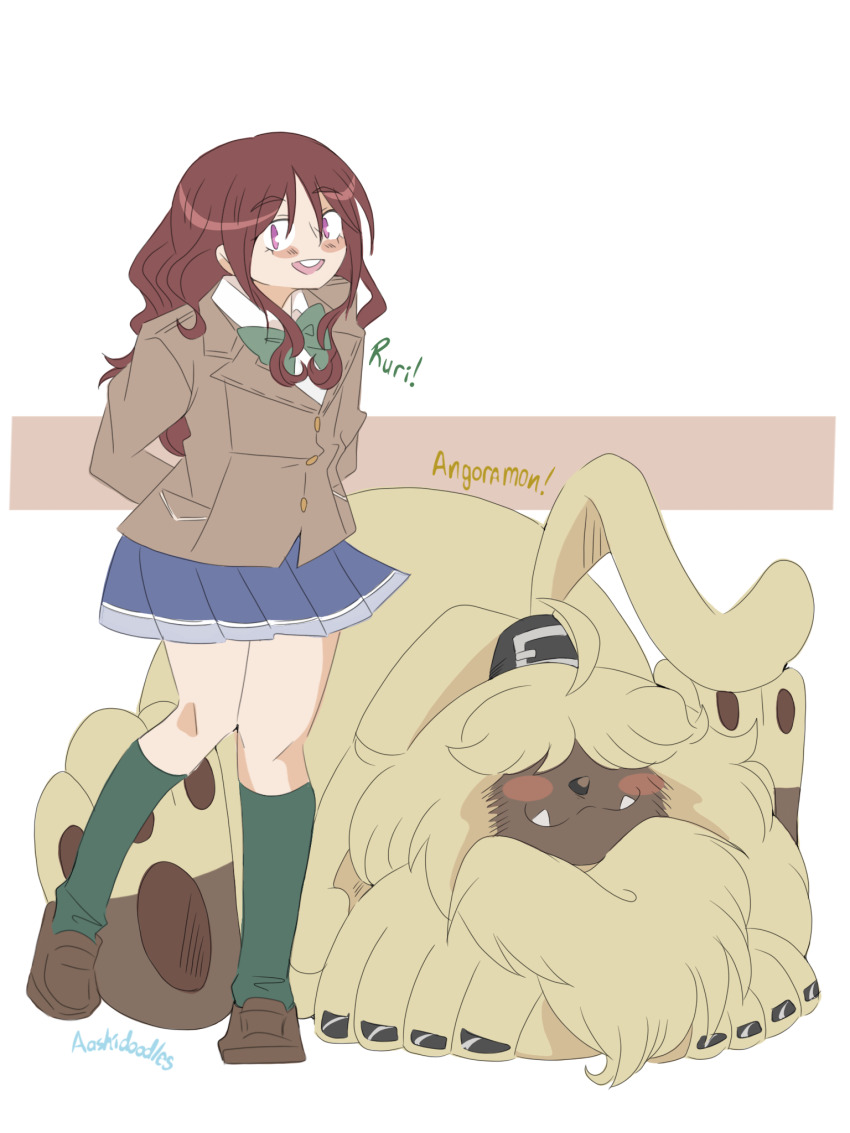 aashiyancha angoramon belt blush brown_hair digimon digimon_ghost_game fangs fluffy happy highres looking_at_viewer rabbit school_uniform sharp_teeth skirt smile teeth tsukiyono_ruli
