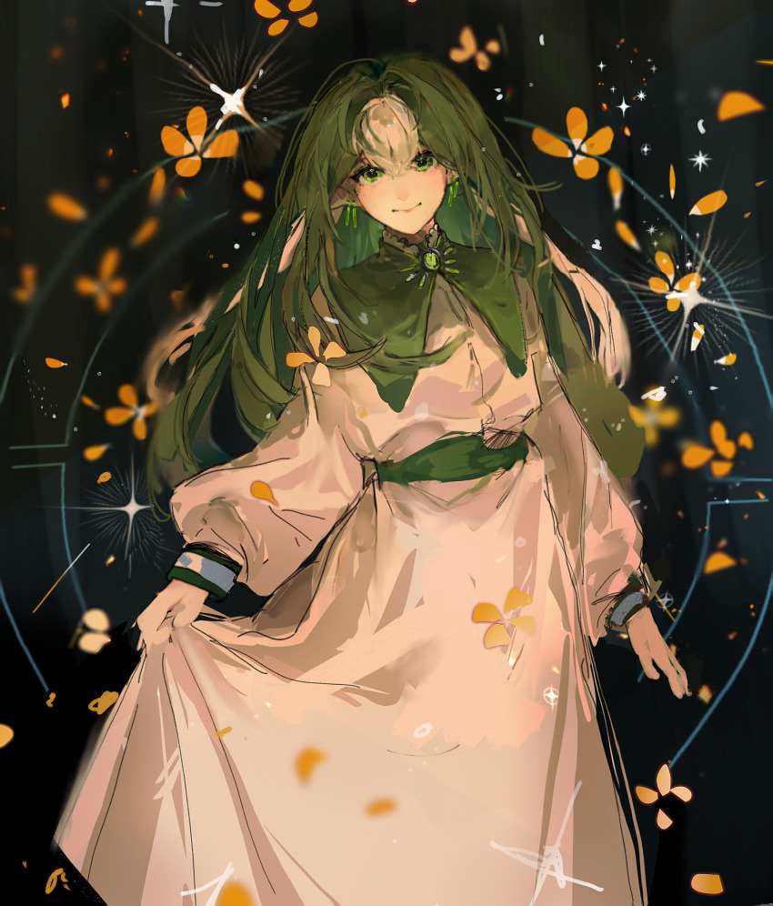 1girl brooch chinese_commentary closed_mouth collared_dress colored_bangs commentary_request contrast_collar dress earrings gem green_eyes green_gemstone green_hair green_sash hair_intakes heibaihuabing highres jewelry long_sleeves multicolored_hair original pointy_ears puffy_long_sleeves puffy_sleeves puritan_collar sash skirt_hold smile solo two-tone_hair white_dress white_hair