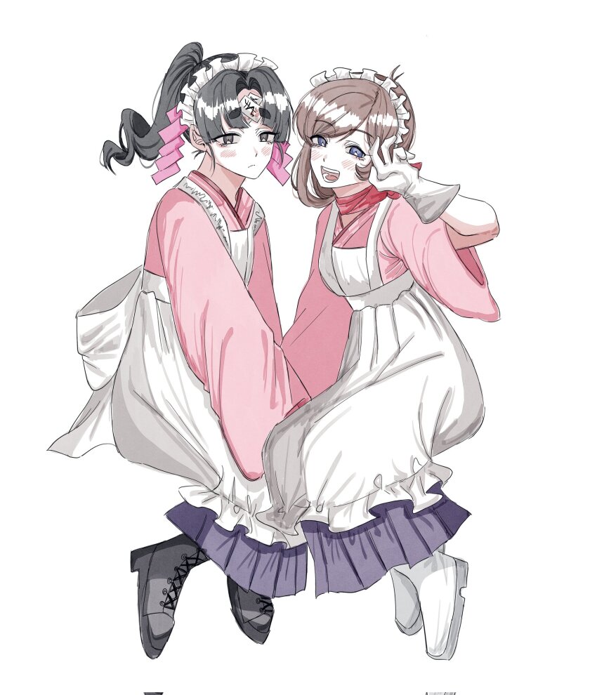 2girls ace_attorney apron black_hair black_shoes blue_eyes blush brown_hair corrupted_twitter_file full_body gloves grey_eyes hand_up highres japanese_clothes jinxie_tenma kimono korean_commentary long_hair maid_headdress multiple_girls ofuda ofuda_on_head phoenix_wright:_ace_attorney_-_dual_destinies ponytail red_scarf saengjwi33868 scarf shoes short_hair smile trucy_wright white_apron white_background white_gloves white_shoes