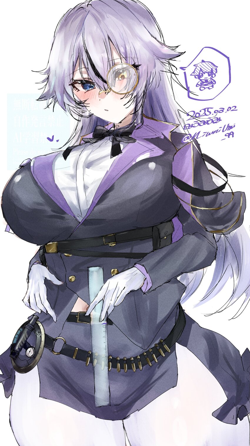 1girl absurdres black_hair blue_eyes blush breasts capelet gloves goddess_of_victory:_nikke grey_hair heterochromia highres holding holding_ruler large_breasts long_hair long_sleeves measuring miumiumi_99 multicolored_hair navel_peek pantyhose phantom_(nikke) plaid_capelet plaid_clothes ruler simple_background solo streaked_hair waist_measuring white_background white_gloves white_pantyhose yellow_eyes