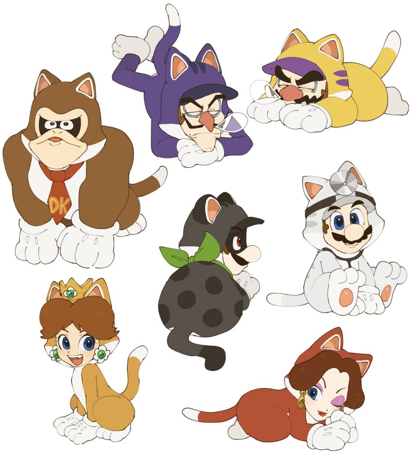 2girls 5boys ape brown_hair cat_daisy cat_luigi cat_mario donkey_kong donkey_kong_(series) dr._mario dr._mario_(game) earrings facial_hair gloves highres jewelry luigi male_focus mario mario_(series) mimimi_(mimimim9999) mr._l multiple_boys multiple_girls mustache nintendo official_alternate_costume open_mouth paper_mario pauline_(mario) princess_daisy shirt short_hair super_mario_3d_world super_paper_mario waluigi wario