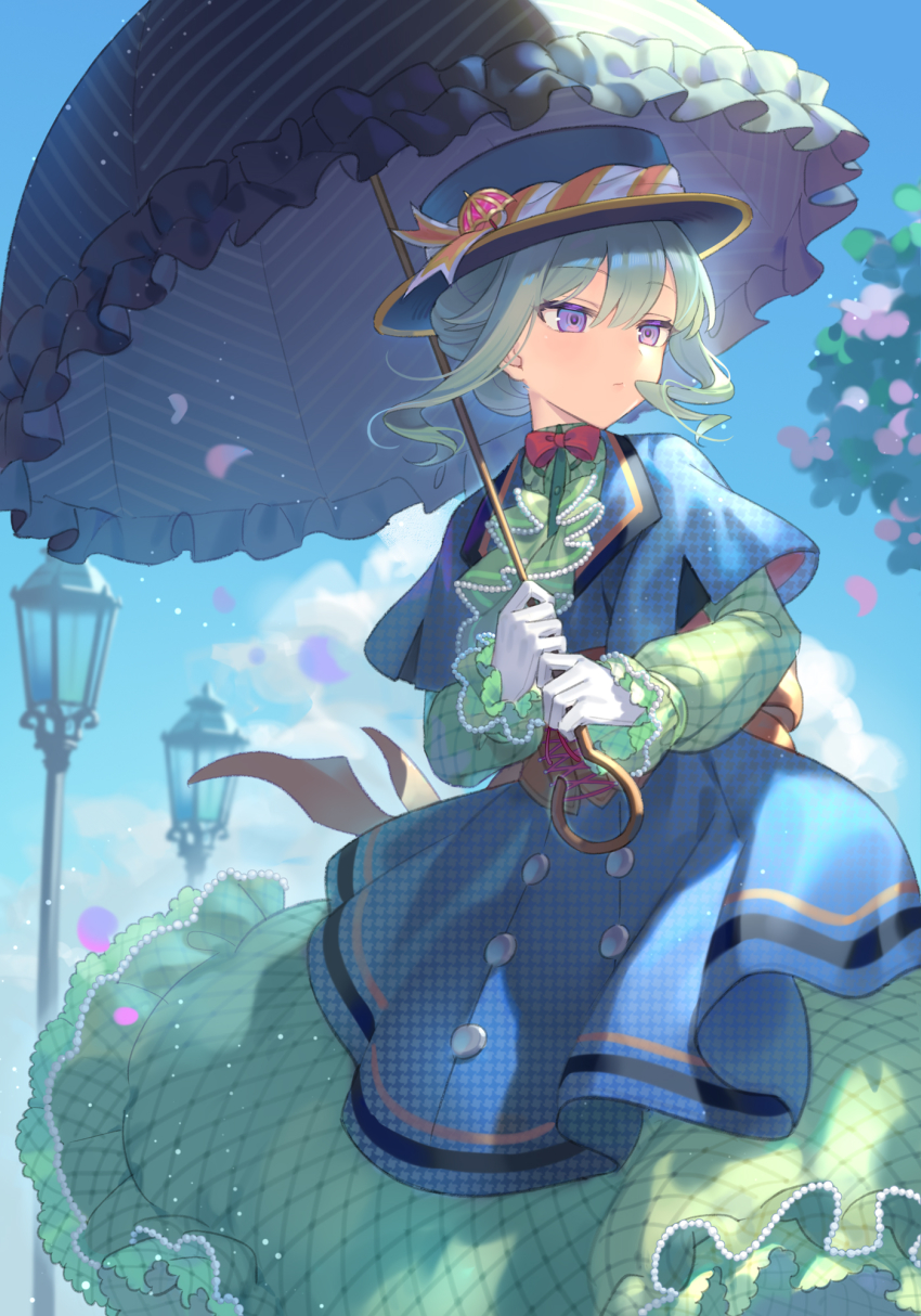 1girl alternate_costume alternate_hairstyle black_hat blue_coat blue_sky bow bowtie buttons center_frills cloud coat day double-breasted dress feet_out_of_frame floating_clothes floating_hair flower formal_clothes frills gloves green_dress green_hair hair_bun hat hat_ribbon highres holding holding_umbrella kusanagi_nene lamppost light_particles long_hair long_sleeves looking_away looking_to_the_side nashi_(tidal0414) outdoors parasol petals plaid_clothes plaid_dress project_sekai purple_eyes red_bow red_bowtie ribbon sash sidelocks sky solo standing striped sunlight umbrella umbrella_hair_ornament updo white_gloves wind