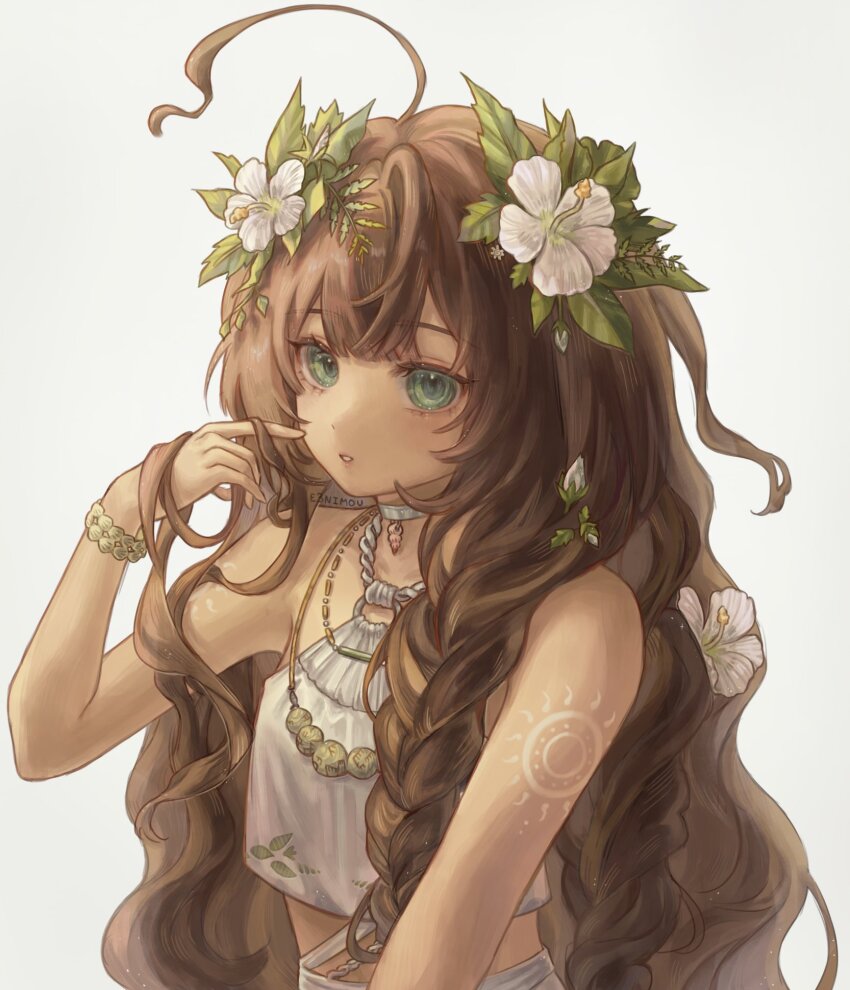 1girl ahoge bare_shoulders blue_eyes brown_hair dark-skinned_female dark_skin fatutu flower hair_flower hair_ornament halter_shirt halterneck hand_in_own_hair hibiscus highres holding holding_own_hair jewelry leni long_hair looking_at_viewer midriff necklace parted_lips reverse:1999 shell shell_bracelet shell_necklace shirt shoulder_tattoo sleeveless sleeveless_shirt solo tattoo upper_body white_background white_flower white_shirt