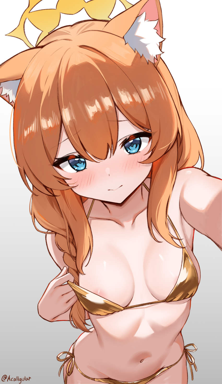 1girl absurdres animal_ears bare_shoulders bikini blue_archive blue_eyes blush braid breasts closed_mouth halo highres kurigura_(sketch_san) long_hair looking_at_viewer mari_(blue_archive) orange_hair sidelocks simple_background single_braid solo swimsuit white_background