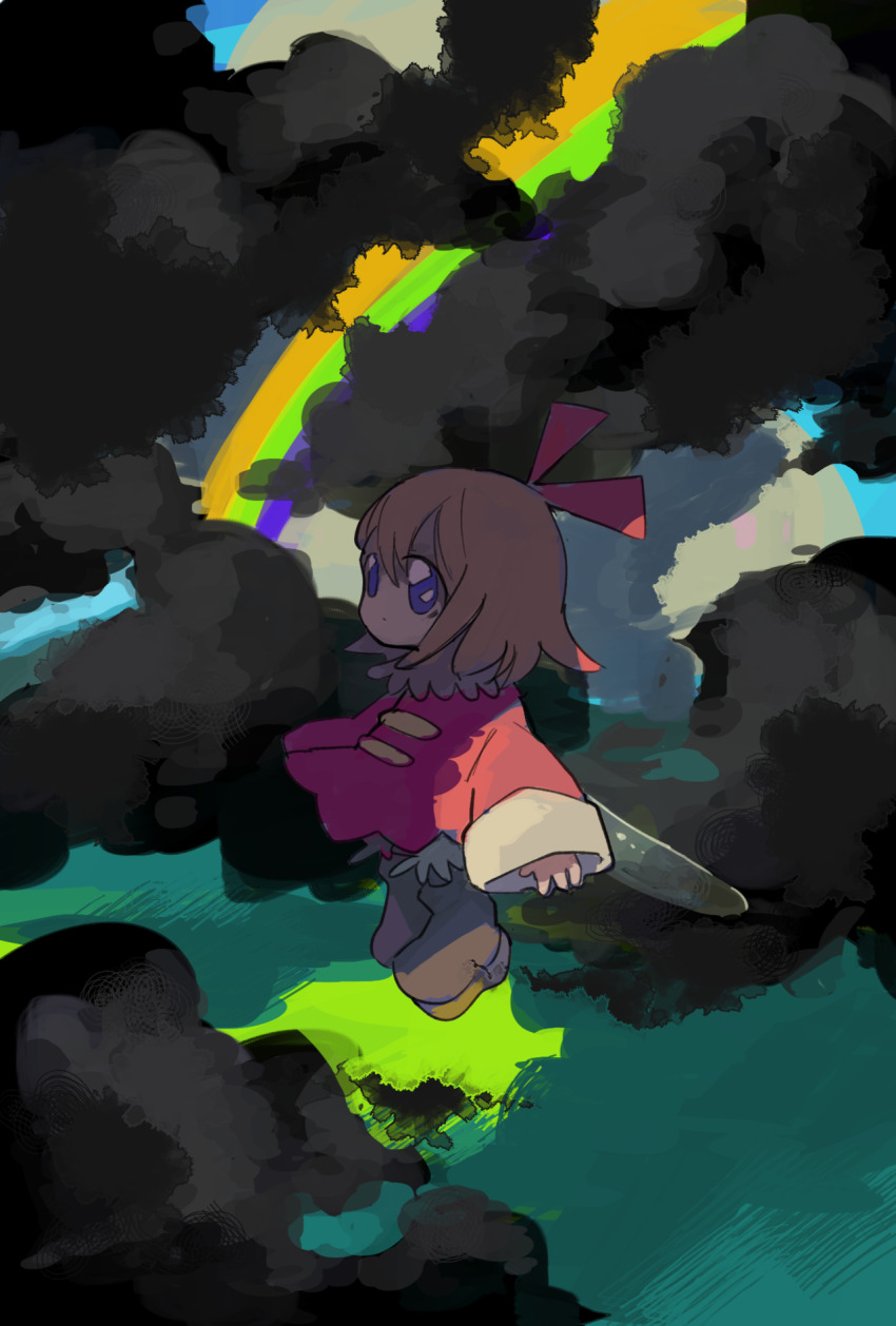 1girl blue_eyes boots closed_mouth cloud dark_clouds dot_mouth fairy fairy_wings hair_ribbon highres kirby_(series) kirby_64 nintendo pink_hair rainbow ribbon ribbon_(kirby) short_hair solo soumenhiyamugi wings