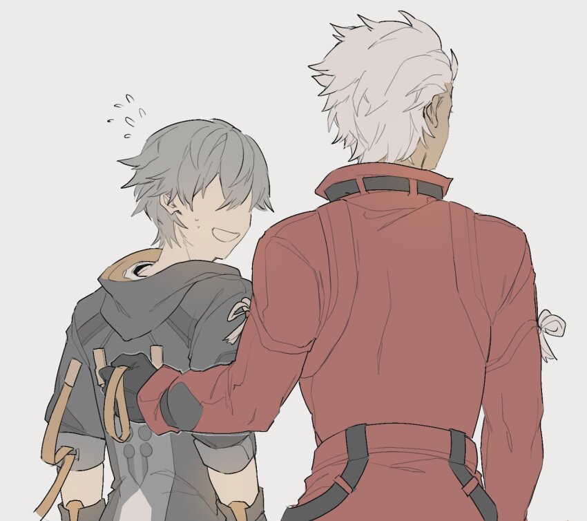 2boys archer_(fate) archer_(honkai:_star_rail)_(fate) boyfriend80 caelus_(honkai:_star_rail) coat crossover dark-skinned_male dark_skin fate/stay_night fate/unlimited_blade_works fate_(series) grey_hair highres honkai:_star_rail honkai_(series) jacket multiple_boys red_coat simple_background smile spiked_hair trailblazer_(honkai:_star_rail) white_hair