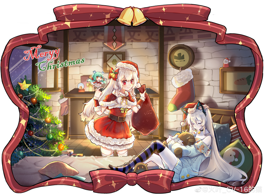 2girls absurdres animal_ears bell box capelet chaser_(warship_girls_r) christmas christmas_present christmas_stocking christmas_tree closed_eyes colored_skin doll dress english_text fireplace gift gift_box grey_hair hat highres holding huoye_cv16demao long_hair merry_christmas multiple_girls pachino_(warship_girls_r) red_dress red_eyes sack santa_costume santa_hat sitting smile thighhighs very_long_hair warship_girls_r white_hair