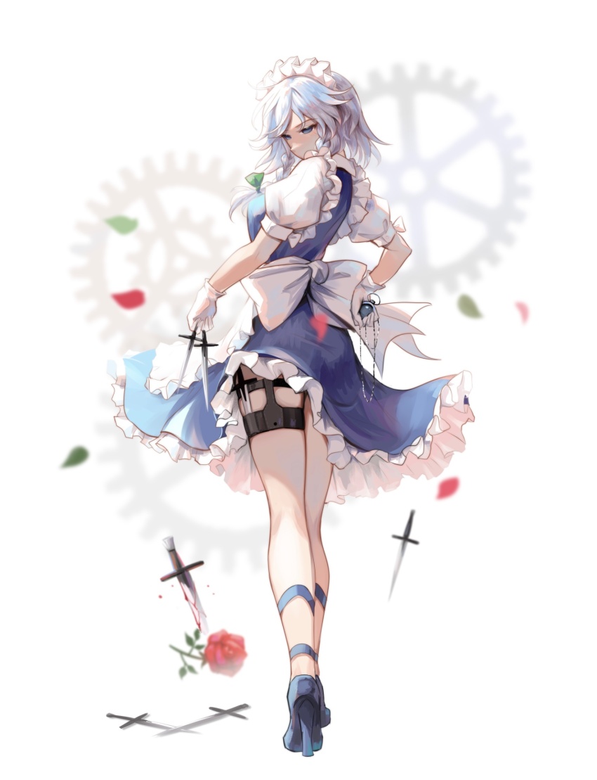 1girl apron between_fingers blue_eyes bow braid breasts dress edz_drawz falling_petals flower frills gears green_bow grey_hair high_heels highres holding holding_knife izayoi_sakuya knife knives_between_fingers maid maid_apron maid_headdress petals pocket_watch red_flower red_rose rose short_hair solo touhou twin_braids waist_apron watch