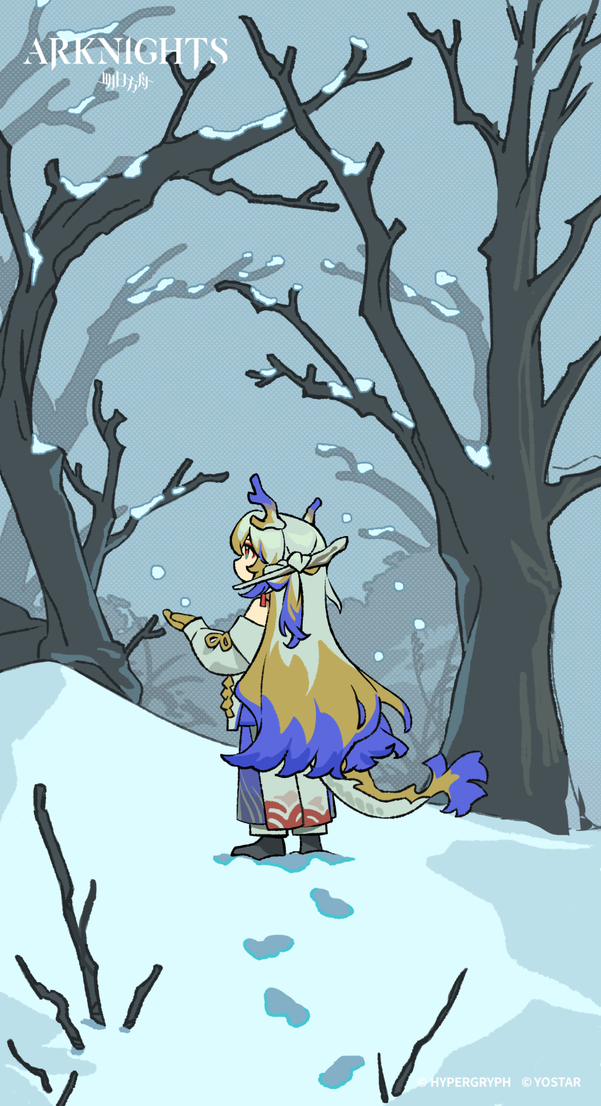 1girl absurdres arknights bare_tree blonde_hair blue_hair colored_skin company_name copyright_name dragon_girl dragon_horns dragon_tail facing_away favilia footprints full_body grey_hair hair_ornament hair_stick highres horns jacket looking_up multicolored_hair off_shoulder official_art outdoors pants shu_(arknights) snow solo tail tree white_jacket white_pants yellow_skin