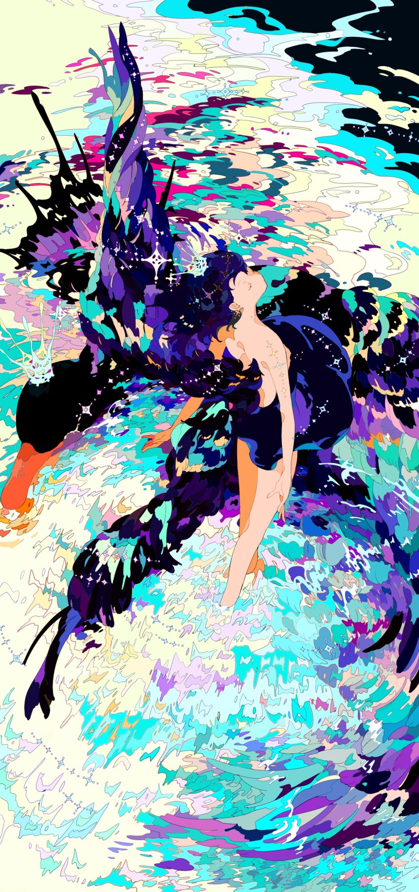 1girl absurdres animal bare_arms bare_legs bare_shoulders bird bird_wings body_markings clothed_animal cross cross_earrings crown dress earrings facing_up floating_hair from_above from_behind highres jewelry medium_hair n79oqc3yja6jlof original purple_hair purple_theme purple_wings short_dress standing strapless strapless_dress swan swan_lake wading water waves wings