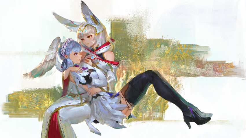 animal_ears blue_eyes blunt_bangs braid breasts cat_ears chest_jewel crown_braid curly_hair daible facial_mark grey_hair head_wings high_heels highres long_sleeves medium_breasts melia_antiqua nia_(xenoblade) puffy_sleeves short_hair small_breasts smile thighhighs wings xenoblade_chronicles:_future_connected xenoblade_chronicles_(series) xenoblade_chronicles_1 xenoblade_chronicles_2 xenoblade_chronicles_3 yellow_eyes