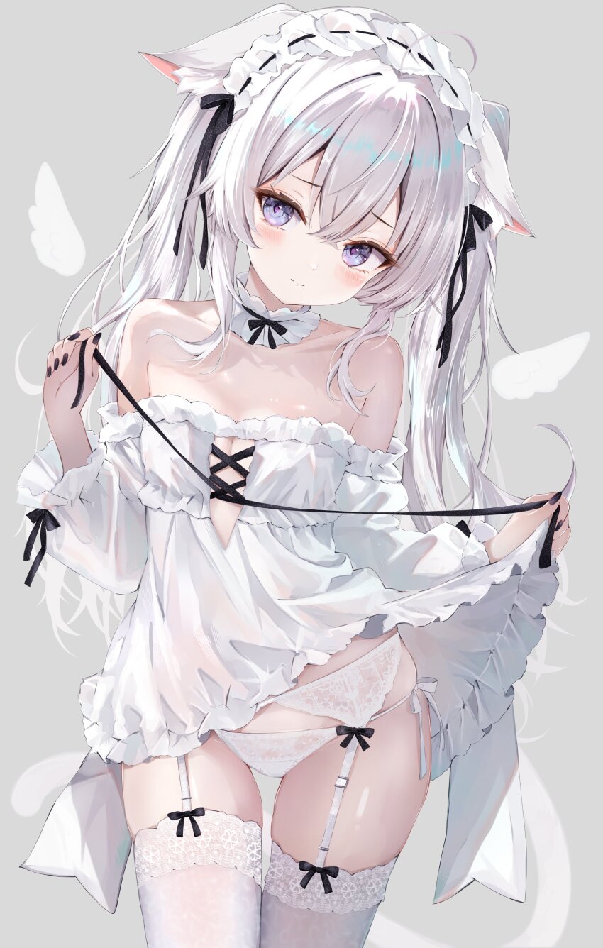 1girl absurdres animal_ear_fluff animal_ears bare_shoulders black_nails black_ribbon breasts cat_ears cat_girl cat_tail center_opening collar collarbone cowboy_shot detached_collar detached_wings double-parted_bangs dress ears_down frilled_collar frilled_dress frilled_hairband frills garter_belt garter_straps grey_background hair_between_eyes hairband highres light_blush long_hair looking_at_viewer mihasu mini_wings off-shoulder_dress off_shoulder original panties purple_eyes ribbon side-tie_panties simple_background skirt_hold small_breasts solo tail thigh_gap thighhighs twintails underwear white_dress white_garter white_garter_belt white_garter_straps white_hair white_panties white_thighhighs wings