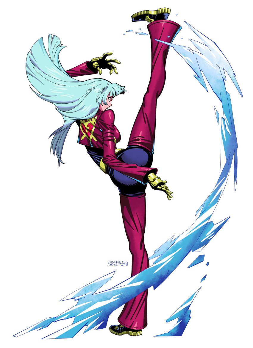 1girl absurdres artist_name ass attack blue_hair bodysuit breasts flexible gameplay_mechanics gloves highres ice kicking kula_diamond large_breasts legs long_hair open_mouth red_eyes sideboob snk solo teeth the_king_of_fighters thighs very_long_hair white_background