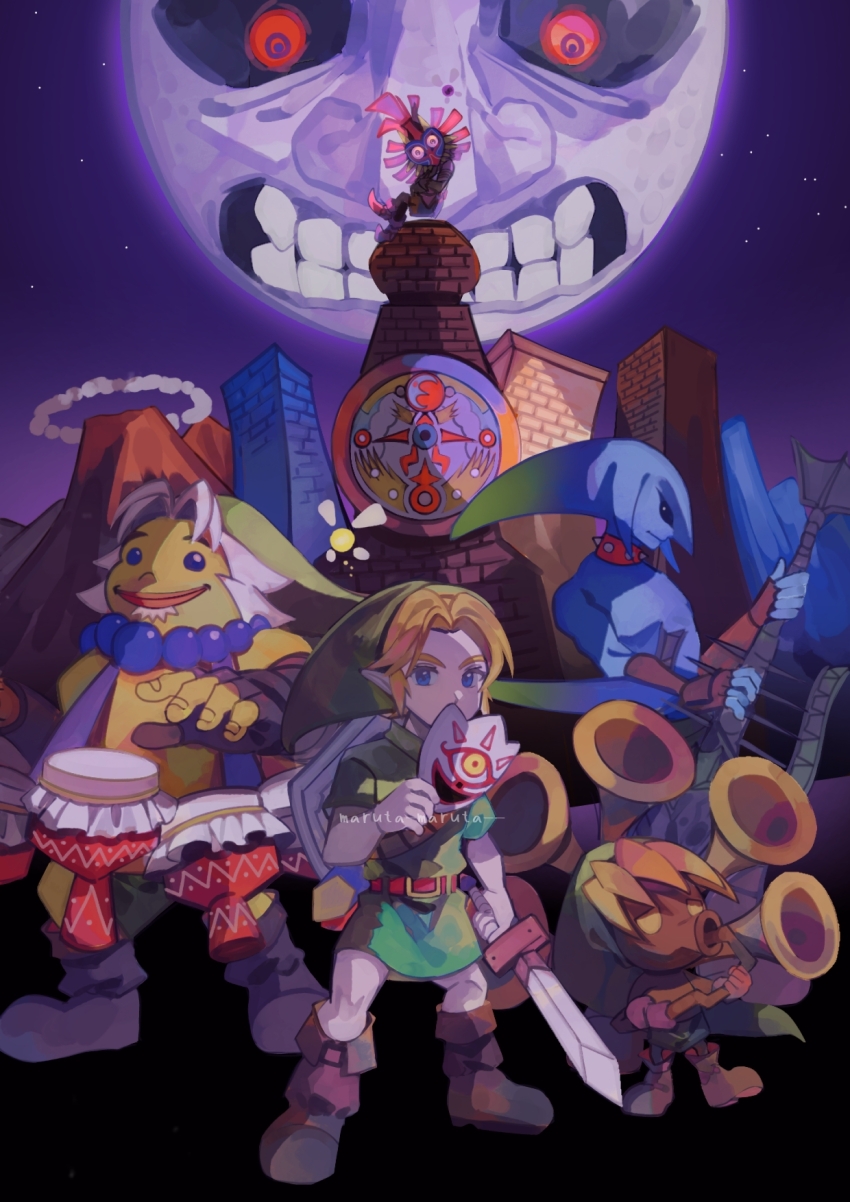 5boys alternate_form artist_name blonde_hair blue_eyes boots brown_footwear building clenched_teeth clock clock_tower commentary_request deku_link deku_scrub drum floating goron goron_link green_tunic guitar highres hylian_shield instrument link maruta_maruta mask moon_(zelda) multiple_boys night night_sky nintendo outdoors pointy_ears red_eyes shield skull_kid sky smile star_(sky) tael tatl teeth the_legend_of_zelda the_legend_of_zelda:_majora&#039;s_mask tower trumpet tunic twitter_username volcano zora zora_link