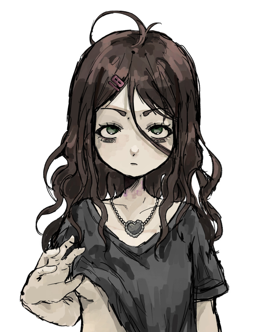 1girl absurdres ahoge bags_under_eyes black_shirt brown_hair bruise_on_neck closed_mouth curly_hair eyebags female_focus green_eyes hair_ornament hairclip highres jewelry mydnam.art necklace original pink_hairclip shirt simple_background staring strangulation_mark undressing white_background