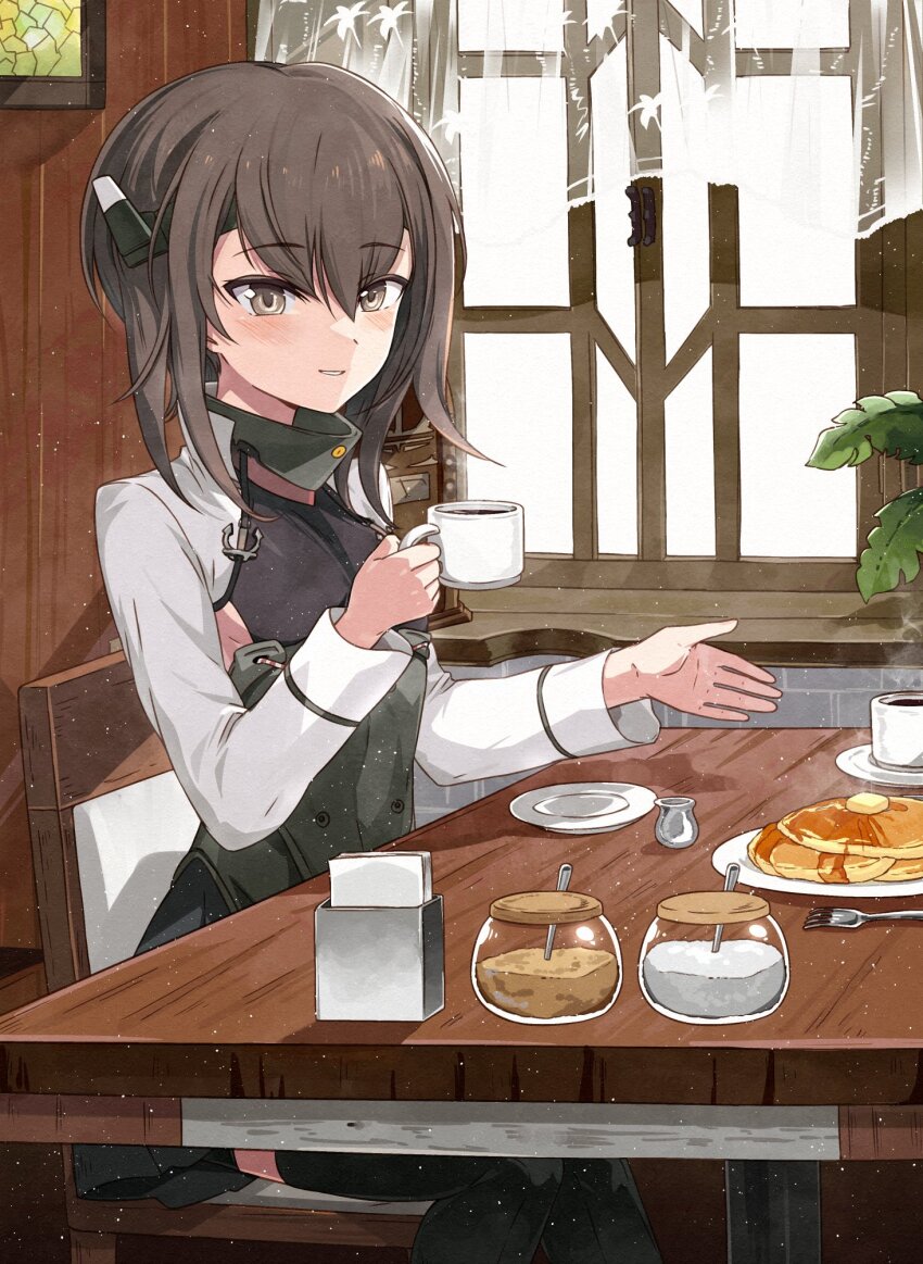 1girl blush brown_eyes brown_hair butter coffee_mug cup curtains day eating flat_chest food fork hair_between_eyes headband headgear highres indoors kanmiya_shinobu kantai_collection long_sleeves looking_at_viewer mug pancake pancake_stack plate pleated_skirt short_hair sitting skirt smile solo syrup table taihou_(kancolle)