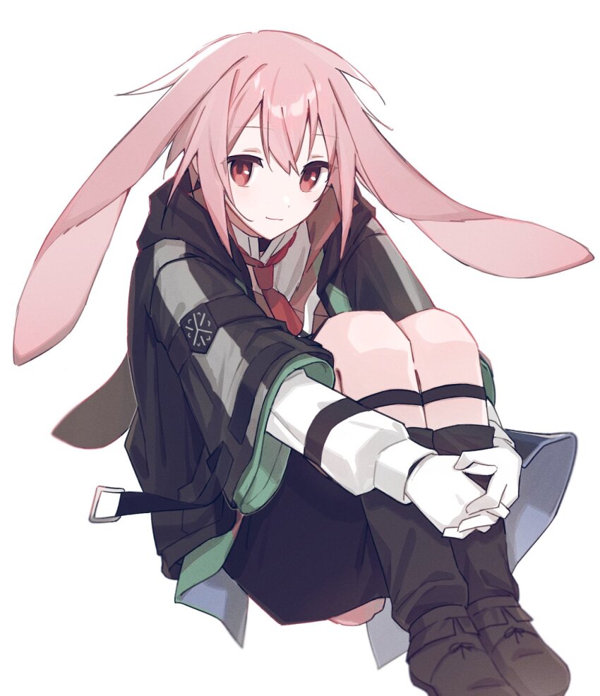 1boy animal_ears ansel_(arknights) arknights black_jacket black_shorts boots brown_boots commentary gloves highres hugging_own_legs jacket knee_boots knees_up long_sleeves looking_at_viewer lop_rabbit_ears male_focus necktie odjikasu pink_eyes pink_hair rabbit_ears red_necktie shirt short_hair shorts simple_background smile solo white_background white_gloves white_shirt