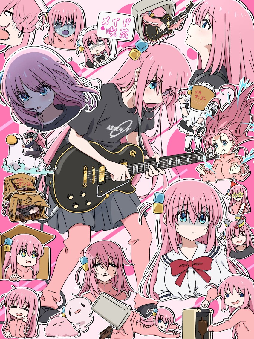 +_+ 1girl absurdres apron black_bow black_bowtie black_dress black_shirt black_shoes blue_eyes blush bocchi_the_rock! bodysuit bow bowtie box breasts cardboard_box clenched_hands closed_mouth cropped_torso cube_hair_ornament diving_mask diving_suit dot_nose dress electric_guitar eyes_visible_through_hair fake_facial_hair fake_mustache floating_hair frilled_apron frilled_dress frills gibson_les_paul giving_up_the_ghost goggles gotoh_hitori grey_skirt grin guitar hair_ornament hat highres in_box in_container in_trash_can inflatable_toy instrument jacket kessoku_band_logo kessoku_band_t-shirt large_breasts loafers long_hair maid maid_headdress mayo_(oekaki_bibbi) multiple_views one_side_up outline overflowing pants pants_under_skirt party_hat pink_background pink_hair pink_jacket pink_pants playing_guitar pleated_skirt red_bow red_bowtie sailor_collar sash shirt shoes short_sleeves sidelocks sign skirt smile snorkel socks standing star-shaped_eyewear star_(symbol) sweat t-shirt track_jacket translation_request trash_can turn_pale water waving wetsuit white_outline white_sailor_collar white_shirt white_socks