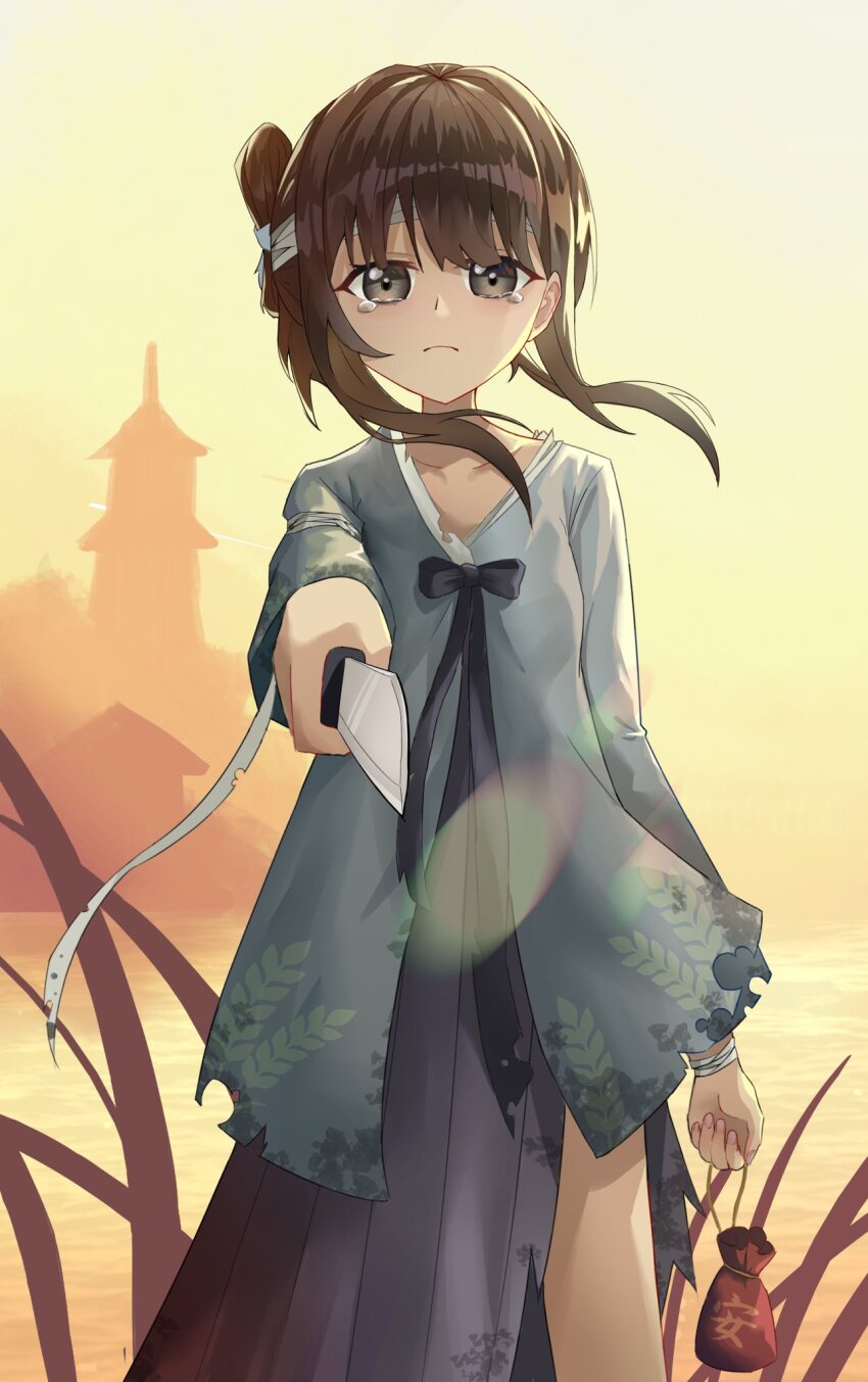 1girl alternate_costume black_hair brown_eyes brown_hair chinese_clothes closed_mouth collarbone da_zi_miao dress dusk grey_eyes hanfu highres holding holding_knife holding_weapon knife lake long_sleeves looking_at_viewer mansui_(the_hungry_lamb) multicolored_eyes outdoors shuangyaji sidelocks skirt solo standing tears the_hungry_lamb:_traveling_in_the_late_ming_dynasty torn_clothes tower weapon