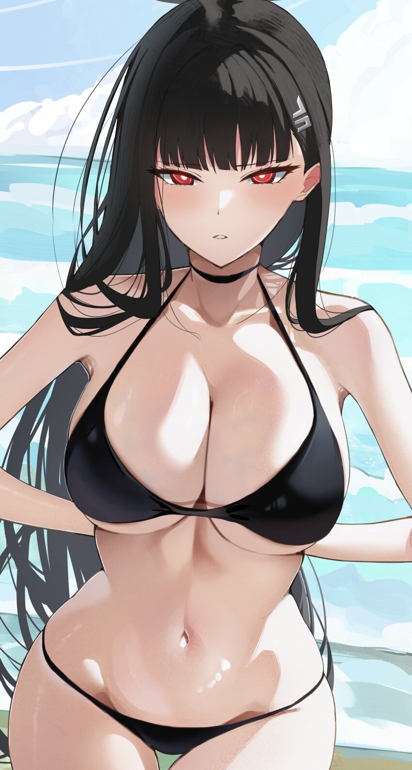 1girl absurdres alternate_costume arms_behind_back beach bikini black_bikini black_choker black_hair blue_archive blue_sky blush breasts bright_pupils choker halo halterneck highres katagiri_nanoka large_breasts long_hair looking_at_viewer navel ocean outdoors red_eyes rio_(blue_archive) simple_background sky solo stomach straight_hair string_bikini swimsuit thigh_gap very_long_hair white_pupils