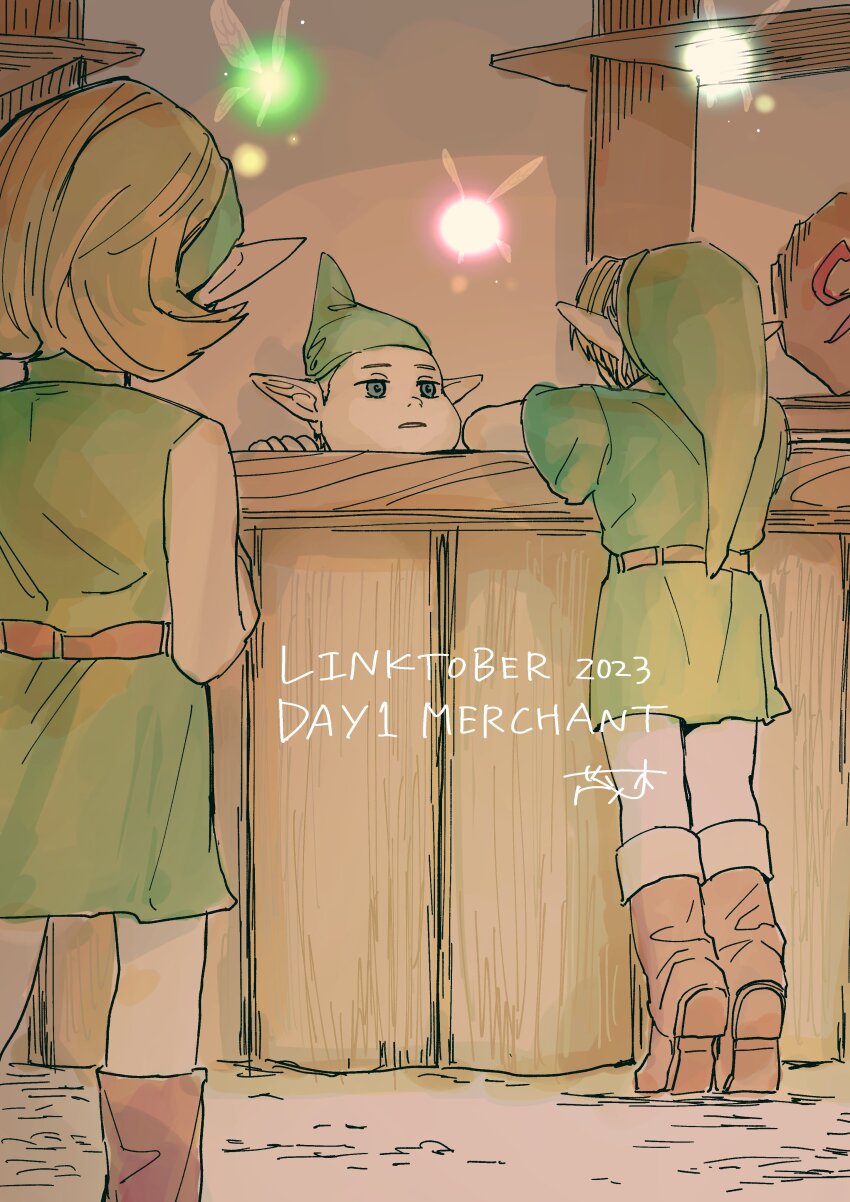 1girl 2023 2boys absurdres belt blonde_hair blue_eyes boots counter dated fairy hairband hat highres indoors kokiri kokiri_shopkeeper link multiple_boys nintendo pointy_ears redheaded_kokiri_girl shrub_mtg the_legend_of_zelda the_legend_of_zelda:_twilight_princess tiptoes tunic