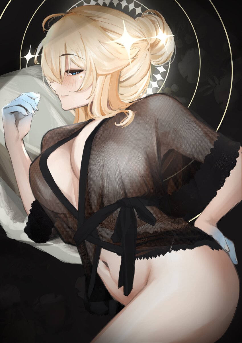 1girl absurdres blonde_hair blue_eyes bottomless breasts bright_pupils chemise closed_mouth colored_extremities facial_mark hand_on_own_ass highres kaneko_lumi navel phase_connect pupi_(rain_prophet) see-through_clothes solo virtual_youtuber white_pupils