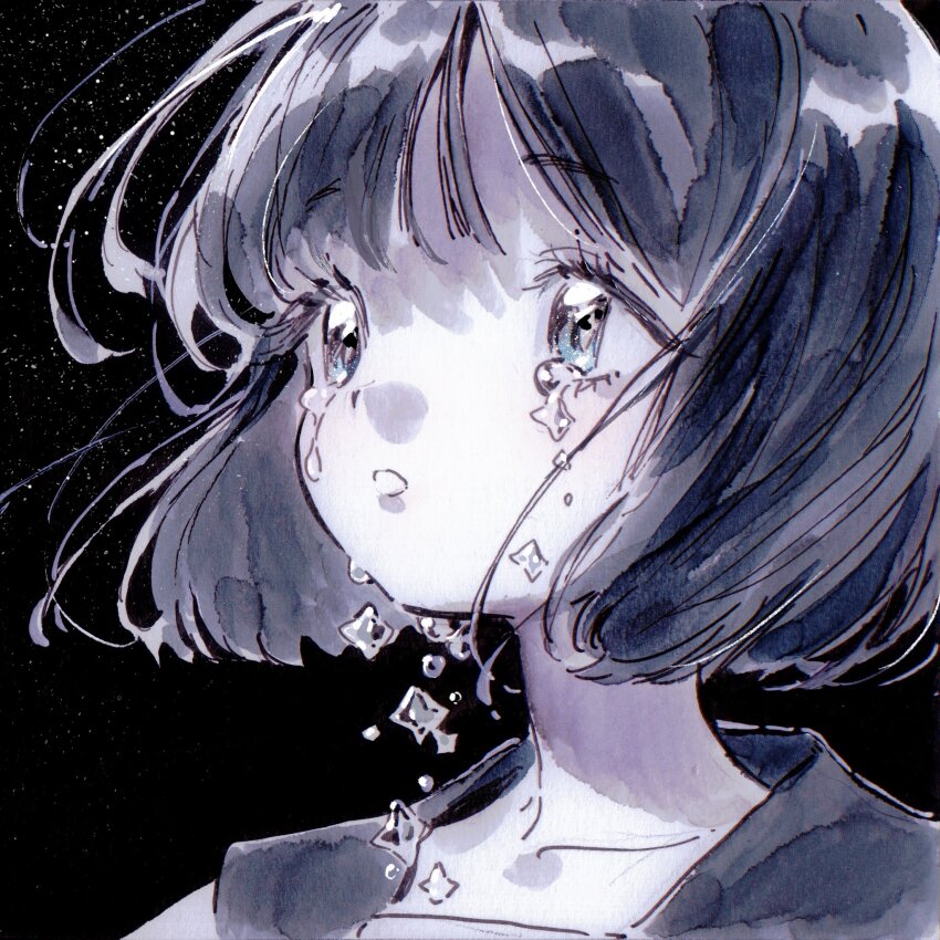 1girl alternate_body_fluid blue_eyes bob_cut crying crying_with_eyes_open crystal floating_hair hidari_(nanmu-left) highres light_particles looking_ahead monochrome open_mouth original portrait school_uniform serafuku short_hair simple_background solo star_tears tears