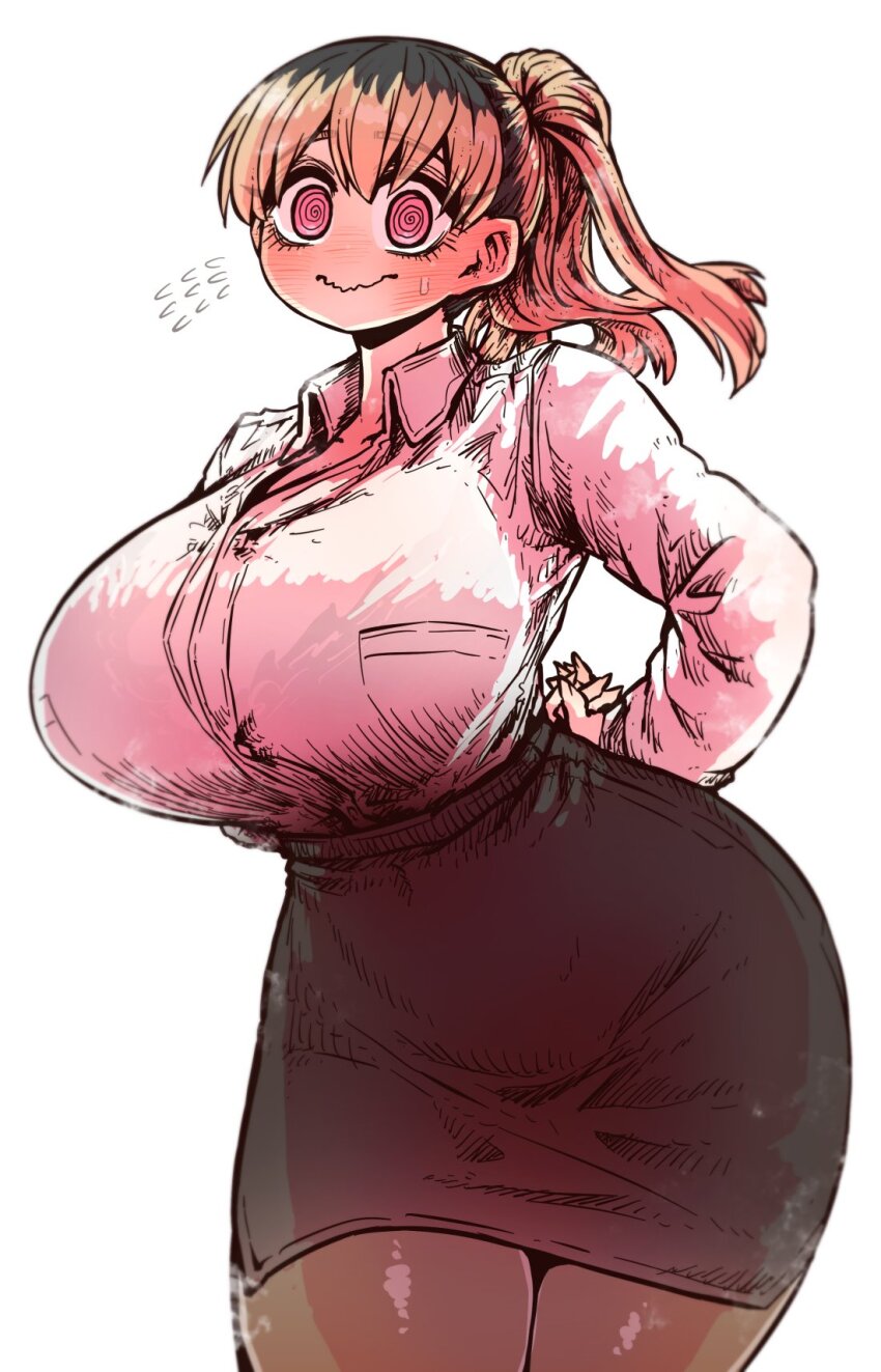 1girl @_@ alternate_costume alternate_hairstyle arms_behind_back black_hair black_skirt blonde_hair blush breasts brown_hair business_suit closed_mouth collared_shirt formal_clothes hair_between_eyes high_ponytail highres huge_breasts kinjo_no_hito_no_nakimushi large_breasts long_hair long_sleeves looking_at_viewer multicolored_hair ochiai_(kinjo_no_hito_no_nakimushi) office_lady pantyhose pencil_skirt pink_eyes ponytail roots_(hair) shirt simple_background skirt skirt_suit smile solo standing suit sweat two-tone_hair wavy_mouth white_background white_shirt zyugoya