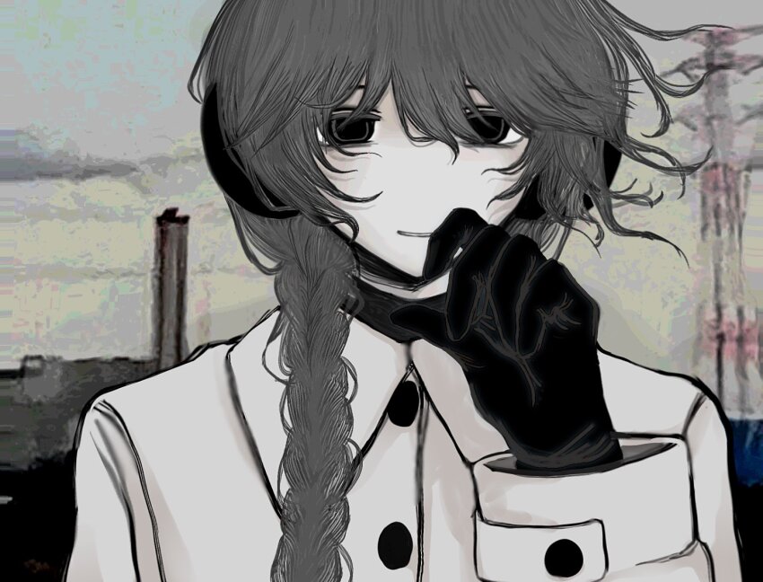 1girl black_eyes black_gloves braid buttons coat earmuffs gloves grey_hair hand_up long_hair long_sleeves looking_at_viewer no_nose outdoors pale_skin parted_lips sekka_yufu smirk solo upper_body utau wada140 white_coat